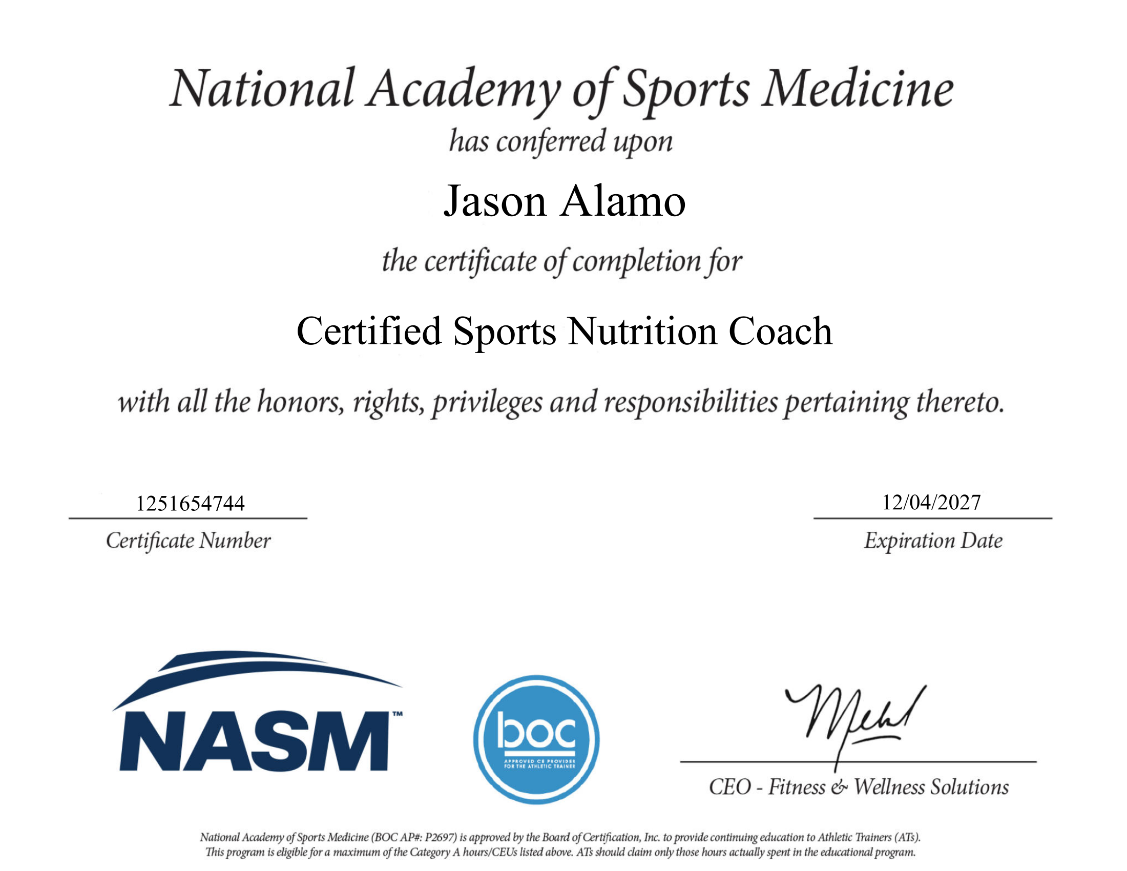 NASM Certified Sports Nutrition Coach certificate — Jason Alamo
